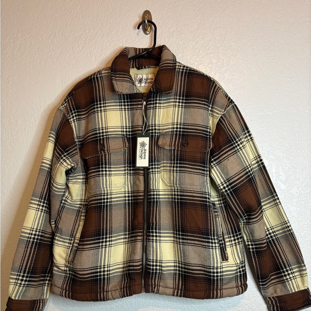 Alpine Design Brown Plaid Jacket Sherpa Lined Size Medium Pockets Full Zip NWT